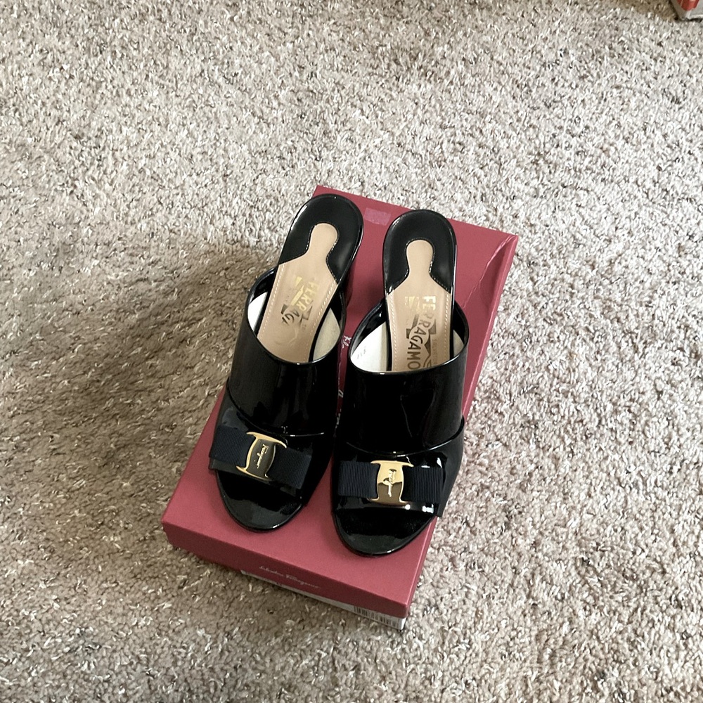Salvatore Ferragamo Black Patent Mules with Gold Accents